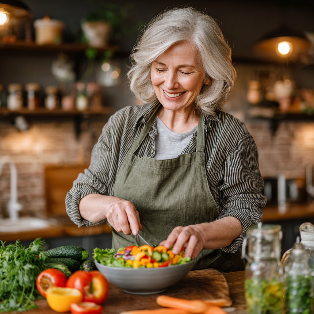 Mujer de 55 años sonriendo mientras prepara una ensalada colorida en su cocina moderna, mostrando los beneficios de seguir un plan de alimentación personalizado