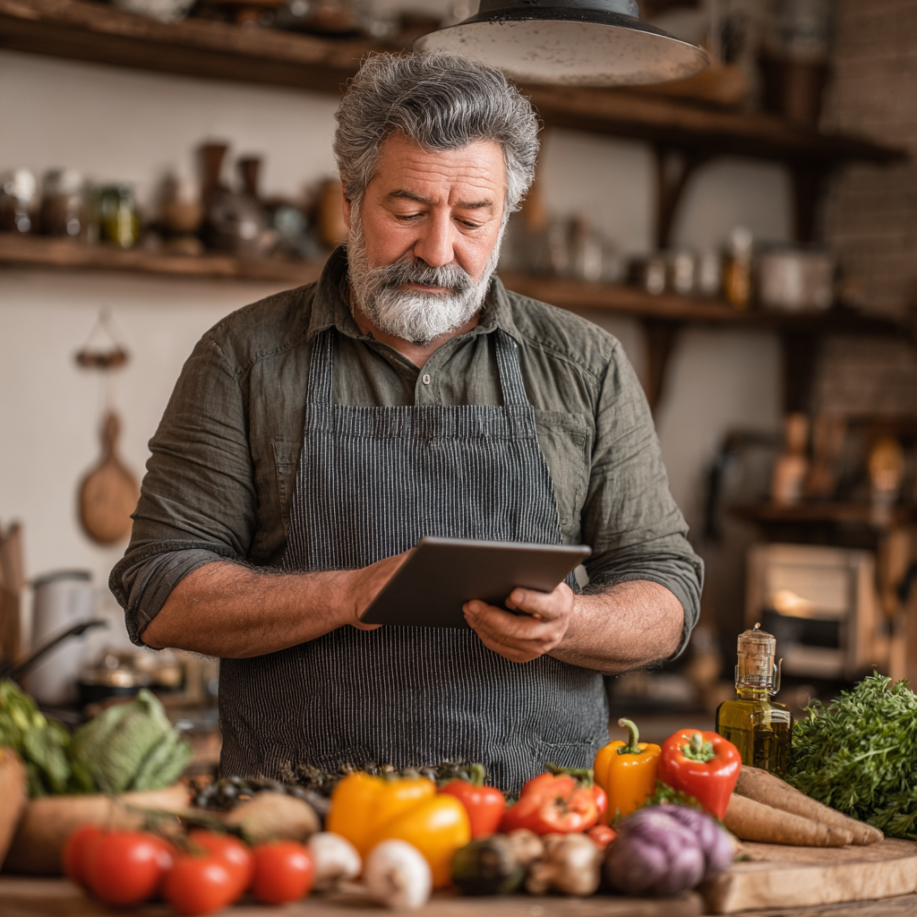 Hombre de 58 años revisando su plan de alimentación personalizado en su tablet mientras prepara ingredientes frescos en su cocina