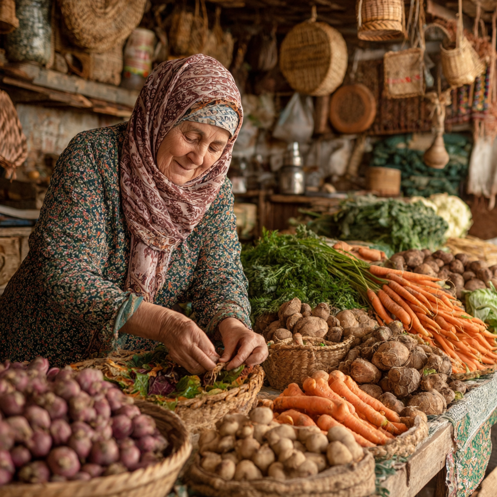 Mujer de 60 años en un mercado local seleccionando verduras frescas y de temporada, siguiendo las recomendaciones sostenibles de su plan guldasherk
