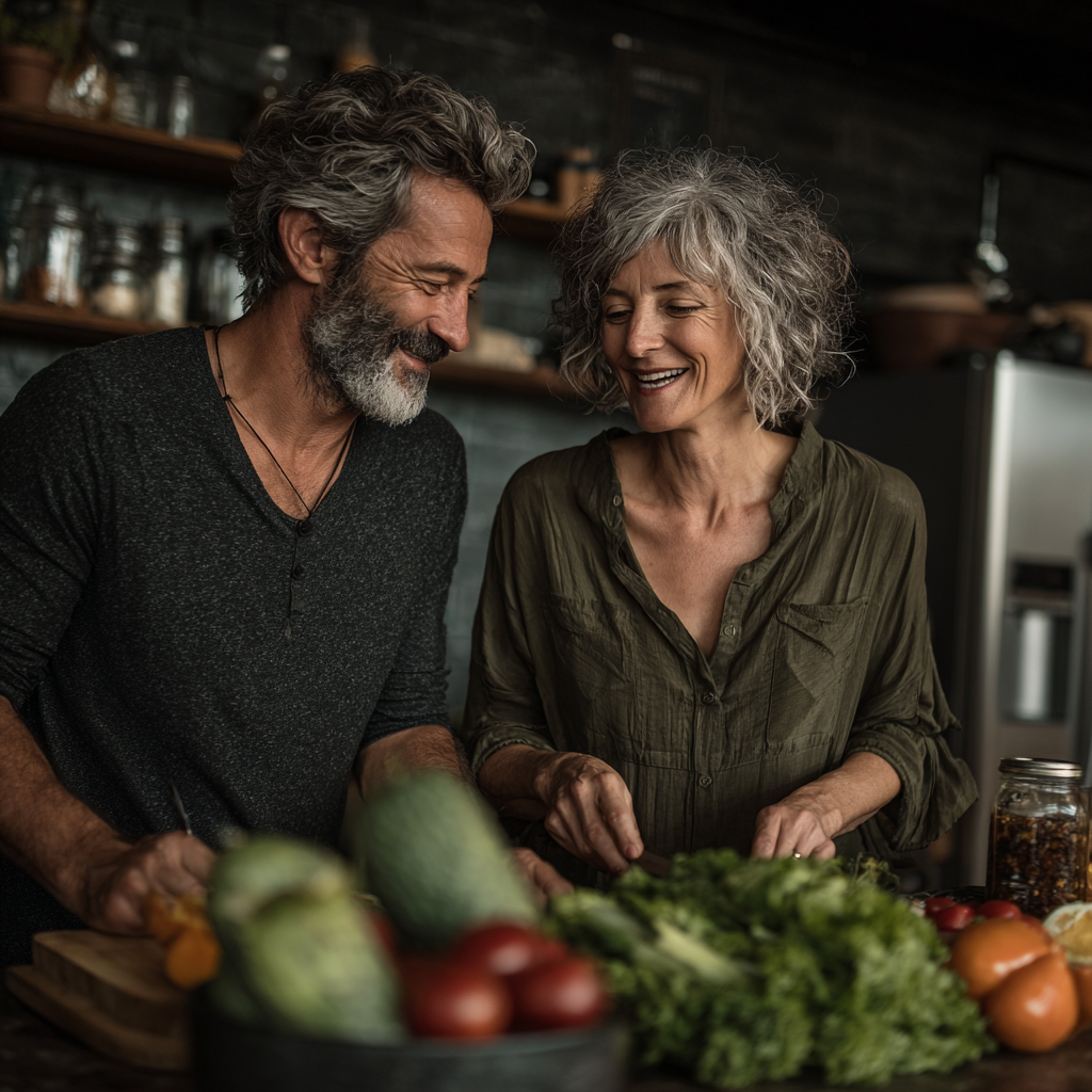 Pareja de 52 y 55 años cocinando juntos una receta saludable siguiendo su plan guldasherk en su moderna cocina, mostrando felicidad y complicidad